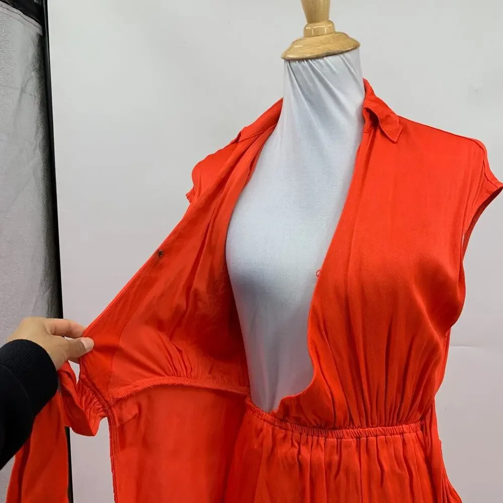 Maeve Dress Womens XS Extra Small Coral Open Back Satin Faux Wrap Tie Waist Midi